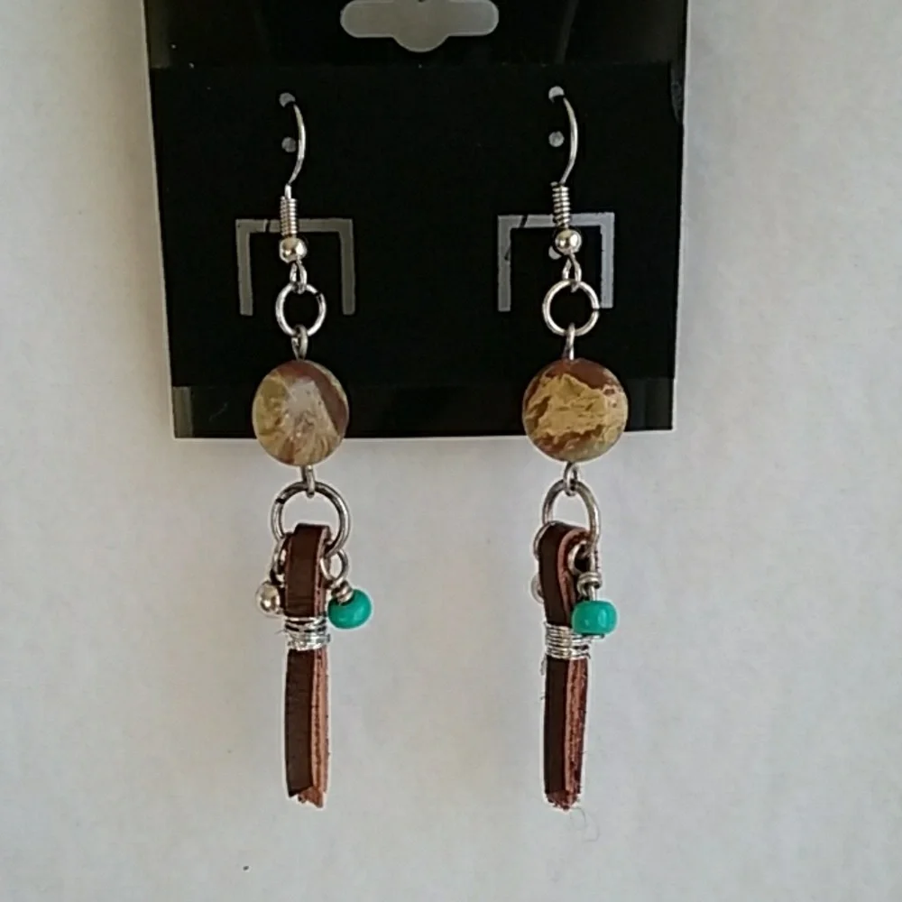 Womens stone and leather look hook earrings